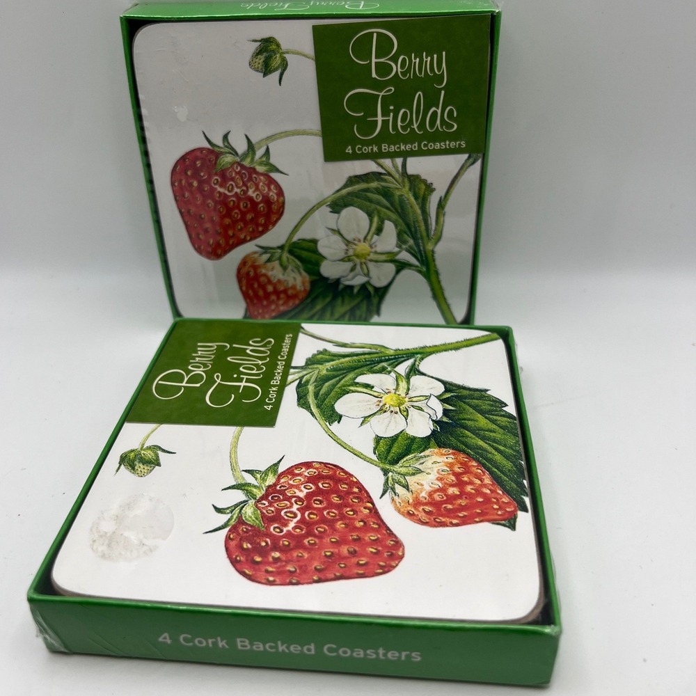 Berry Fields Strawberry Print Cork Backed Coasters 4 pack LOT OF 2 Sealed